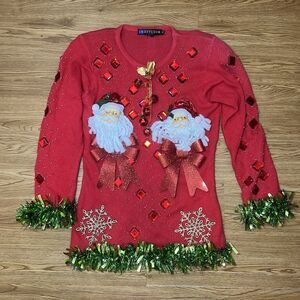 Vtg 90s IB DIFFUSION Ugly Sweater 3D Santa Head Beaded Jingle Bell Sz Xs Red